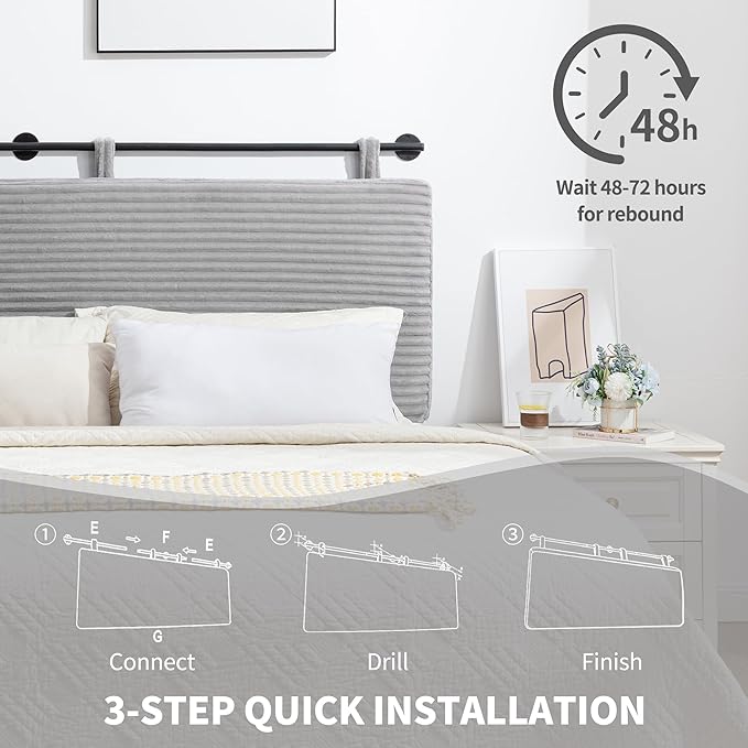 UEV King Headboard Only, Wall Mounted Hanging Upholstered Bed Head Board, Modern Vertical Channel Design of Fine Flannel, Elegant Grey Fluted Headboard for Bedroom (Grey, King Size)