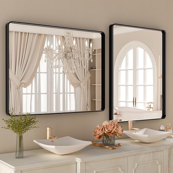 40x36 Inch Black Bthroom Mirror,Black Metal Frame Vanity Mirror for Wall,Rounded Corner Rectangle Matte Black Mirror,Tempered Glass,Anti-Rust (Horizontal/Vertical)