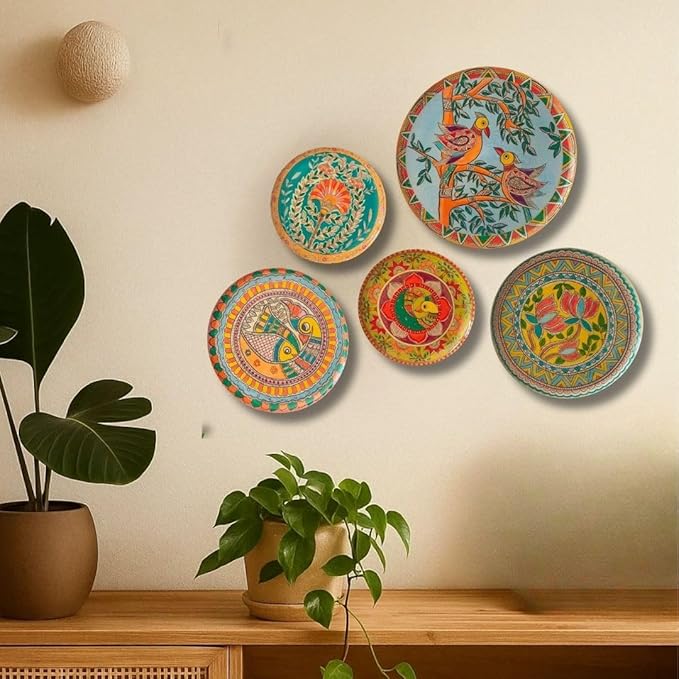 RITUALISTIC Madhubani Wall Plates for home decoration | Wall decor items for living room | Metal Wall décor | Gift items for unisex |wall art | Home Décor & Christmas Gift Items | Set of 5 plates