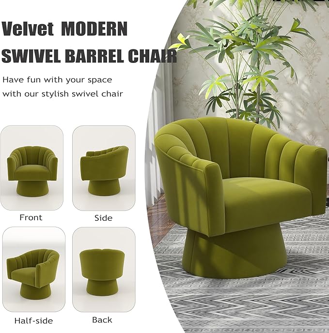 Swivel Accent Chair Set of 2, Upholstered Velvet 360° Swivel Barrel Chair for Living Room Overstuffed Bouncle Reading Chair Round Armchair for Bedroom,Vanity,Office (Grass-Green)