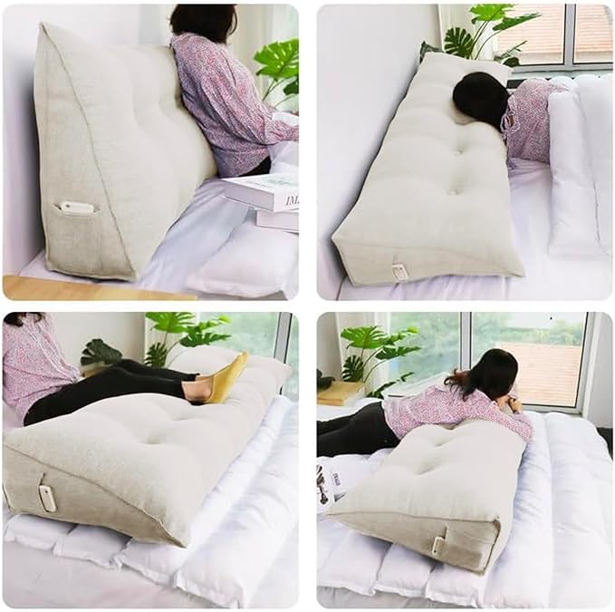 WOWMAX Headboard Wedge Pillow King Triangular Headboard Pillow Bed Wedge Pillow for Headboard Wedge Pillow Headboard for Daybed Large Bolster Pillow for Bed, 85% Linen 15% Cotton Blend, Pure White