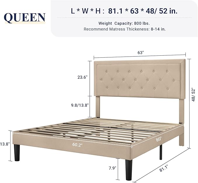 Allewie Queen Size Button Tufted/Fabric Upholstered Bed Frame with Adjustable Headboard/Wood Slat Support/Mattress Foundation/Beige