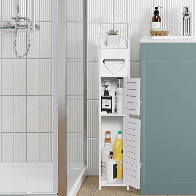 TuoxinEM Storage Cabinet for Small Spaces, Over The Toilet Cabinet for Skinny Bathroom Storage Corner Floor, Slim Paper Holder with 2 Doors & Shelves (White)