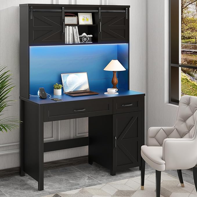 Vabches Farmhouse 47" Executive Desk, Computer Desk with 2 Drawers, Storage Cabinet and LED Light,Charging Hub, Home Office Desk with Hutch, Workstation for Home Office and Study(Pure Black