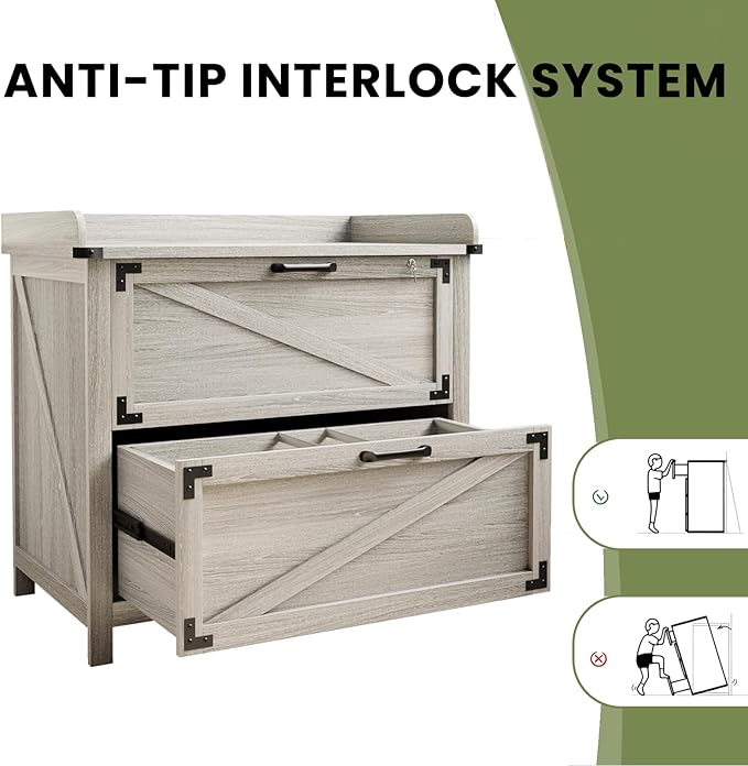 2 Drawer File Cabinet with Lock, Modern Farmhouse Filing Cabinet for Legal/Letter/A4 Size Hanging Files, Large Wood File Cabinets for Home Office