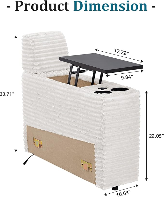 ORRD Multifunctional Storage Console with Dual Cup Holders, Table, USB Charging Station for Modular Sectional Sofa for Living Room-White