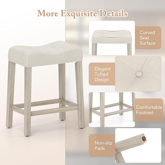 COSTWAY Wooden Saddle Stools Set of 4, 24-inch Counter Height Upholstered Backless Bar Stools with Solid Rubber Wood Legs, Padded Seat, Farmhouse Dining Chairs for Kitchen Island, Cafe, Beige
