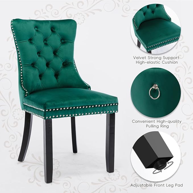 Velvet Upholstered Dining Chairs Set of 8, Modern Style Kitchen Side Chairs with Nailhead Trim and Wood Legs,Metal Pulling Ring for Dining Room Living Room(Green)