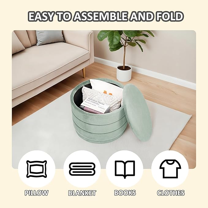 PINPLUS Large Round Velvet Storage Ottoman, Sage Upholstered Footstool with Hidden Storage, Sturdy Coffee Table Ottoman for Living Room & Bedroom