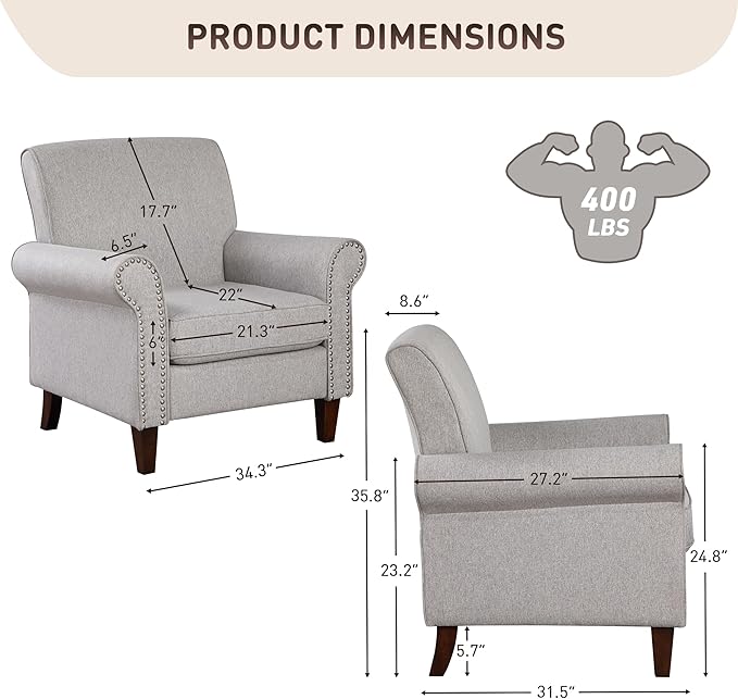 Prilinex Upholstered Living Room Chair - Large Comfy Fabric Accent Chair Single Sofa with Cushion, Rolled Armrest & Nailhead Trim, Mid Century Modern Armchair for Bedroom, Office, Grey
