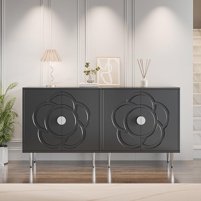TOLEAD Storage Cabinet, Modern Sideboard Buffet Cabinet with Decorative Flower Pattern Doors, Accent Sideboard Cabinet for Living Room, Kitchen, Grey