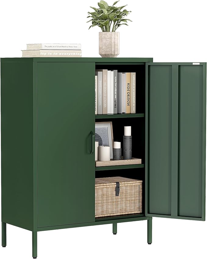 Green Metal Locker Cabinet with 2 Doors, Metal Accent Cabinets with 2 Adjustable Shelves Home Office Storage Lockers Sideboard for Kitchen Living Room Hallway Entryway