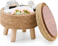 Cpintltr Storage Ottoman Poufs Handwoven Footstool Natural Seagrass Round Footrest Stool with 4 Wood Legs Soft Padded Outdoor Seat for Hallway Lounge Bedroom Garden