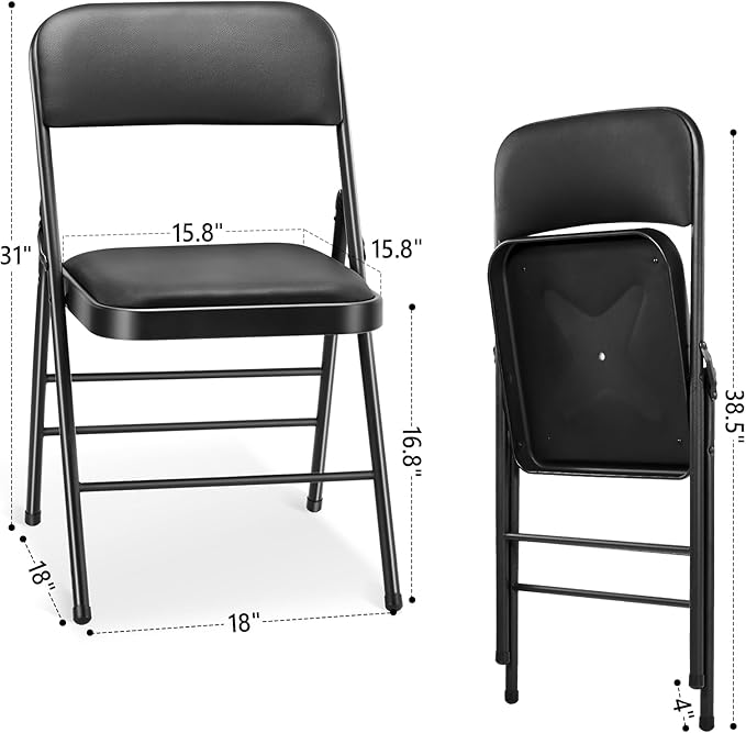 cyclone sound 4 Pack Folding Chairs with PU Padded Cushion and Back, Commercial Grade Metal Chairs with Comfortable PU Leather Cushion for Home and Office, for Indoor and Outdoor Events (4, Black-PU)