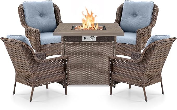 Outdoor Patio Chairs with Fire Pit Table 5 Piece Set - High Back Brown Wicker Rattan Lawn Chair with Thick Cushion for Porch Apartment Deck Yard Poolside Garden - Baby Blue