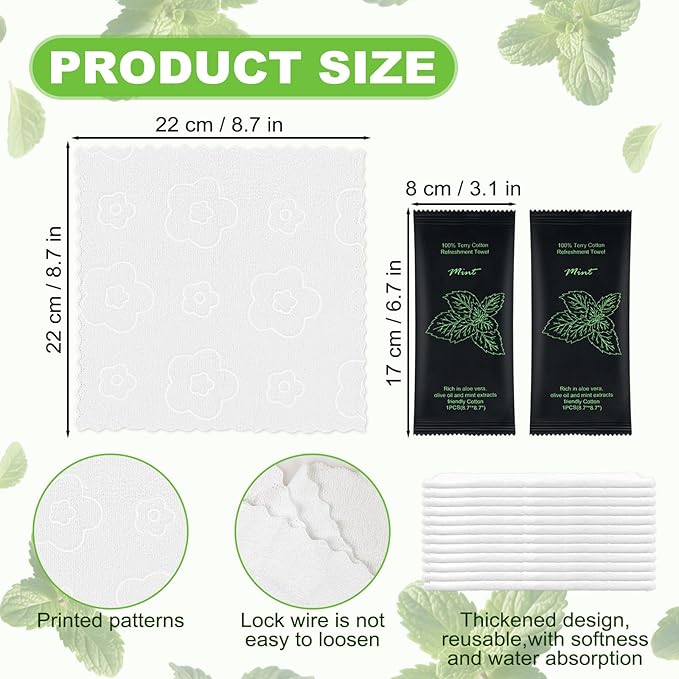 Moist Cotton Towel Bulk Moist Towelettes Individually Wrapped 8.7" x 8.7",White Towel Services,Refreshment Pre Moistened Towels for Travel Sport Party Spa Dentist (1 Count (Pack of 100), Mint)