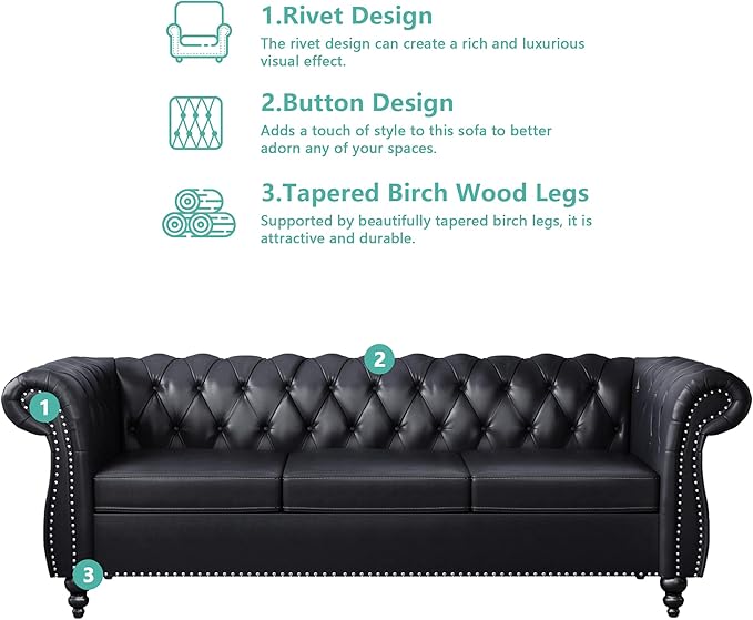 Faux Leather Sofa Couches Set, Modern Comfy Upholstered Couch with Cushions, Home Sofa Sectional Furniture Sets, 3-Piece Mid Century Tufted Chesterfield Couches for Living Room, Bedroom, Office