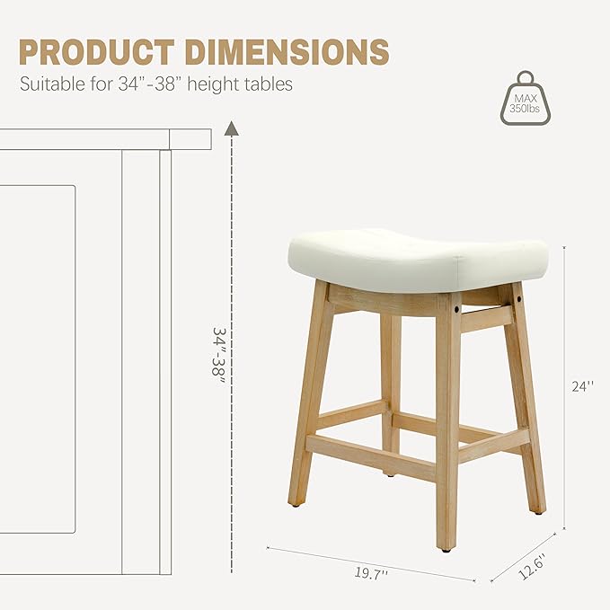 Counter Height Bar Stool for Kitchen Island Modern Barstool with Upholstered Faux Leather Backless Seat and Solid Wood Legs, 24 inch Farmhouse Bar Chair, White