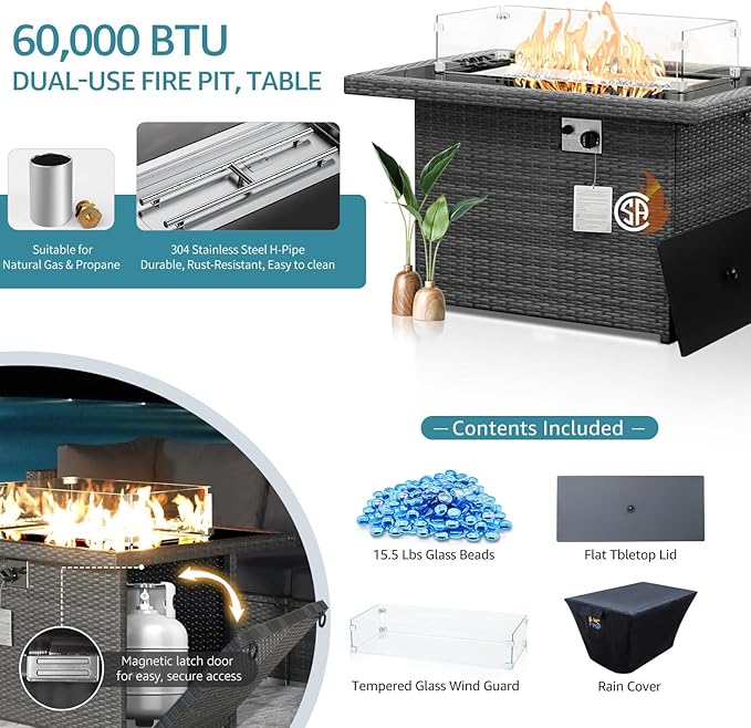 NICESOUL 13-Pieces Outdoor Patio Furniture Firepit Set, High-End Big Group Full Patio Set with Lounge Chairs, Weather-Resistant Wicker Backyard Pool Sofa and Chaise Comfy Deep Sitting, Grey&Turquoise
