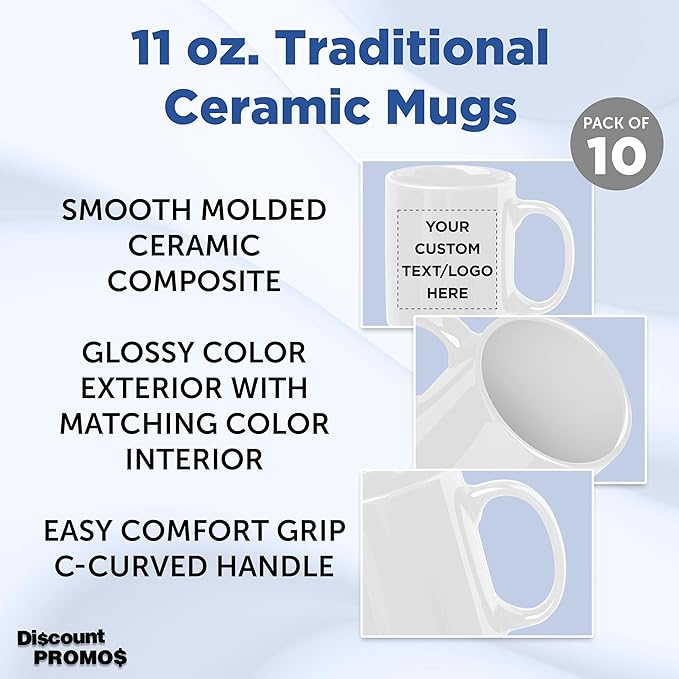 Custom Ceramic Coffee Mugs 11 oz. Set of 10, Personalized Bulk Pack - Coffee cup set, Iced coffee cup, Gaming mug - Creamy White