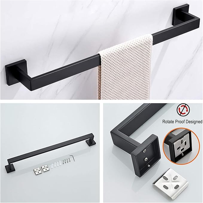 Bathroom Hardware Set Bathroom Accessories Set SUS304 Towel Bar Set Includes Towel Bar Inch+Towel Holder+Toilet Paper Holder+Towel Hook (5, Matte Black)