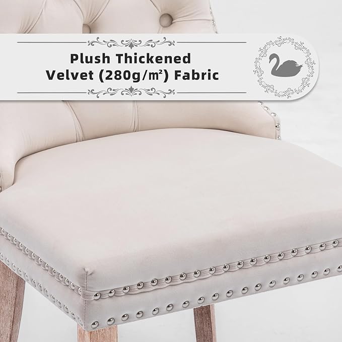 Velvet Upholstered Dining Chairs Set of 2, Modern Style Kitchen Side Chairs with Nailhead Trim and Wood Legs,Metal Pulling Ring for Dining Room Living Room(Beige,Set of 2)