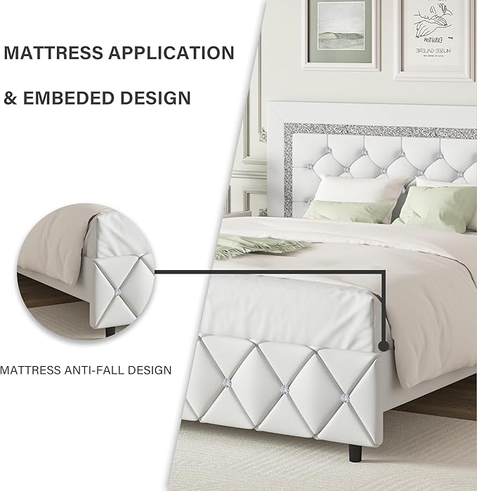 BarnFurin Full Size Bed Frame, Upholstered Platform Bed with Button Tufted Headboard, Princess Platform Bed with Diamond Design, Wooden Slats Support, No Box Spring Required, Easy Assembly, White