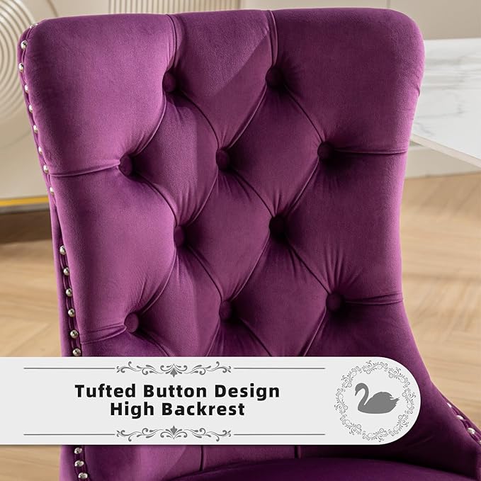 Velvet Upholstered Dining Chairs Set of 2, Modern Kitchen Side Chairs with Nailhead Trim and Silver Plated Leg, Metal Pulling Ring for Dining Room Living Room(Purple-Silver Plated Leg)