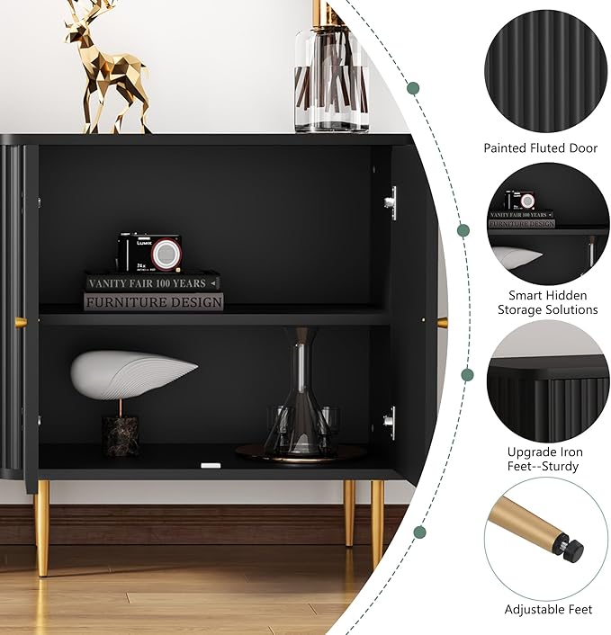 HLR Sideboard Buffet Cabinet with Fluted Texture, White Accent Cabinet with 2 Doors, Modern Credenza Storage for Kitchen Living Room, Entryway (Black, 2Piece)