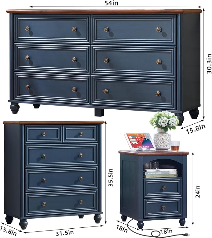 Farmhouse Dressers & Night Stand Set of 4, Wood 54" Wide Dresser & 35" Tall Chest of Drawers, 18" with Charging Station Nightstand Set of 2, Bedroom Furniture Dresser Set for Home Living Room Hallway