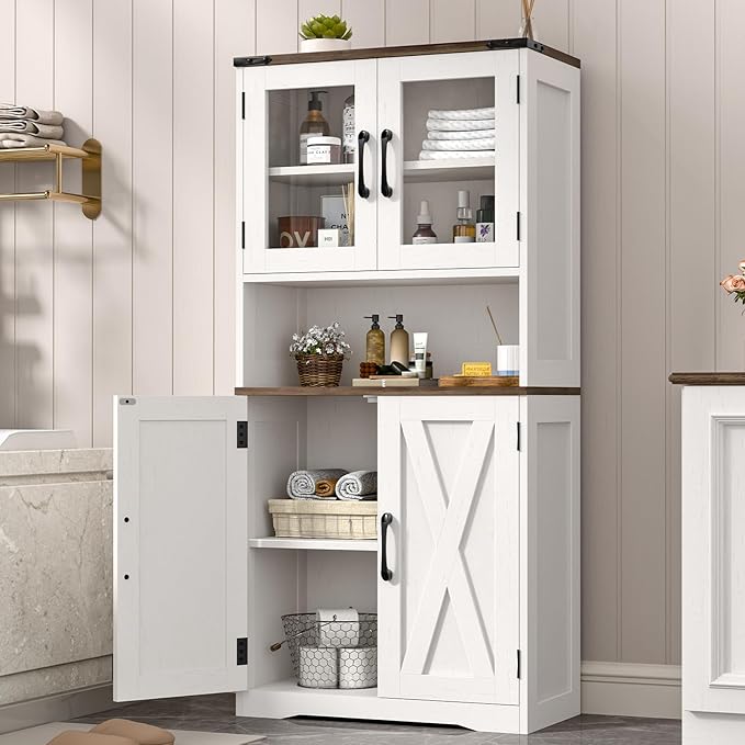 Bathroom Storage Cabinet with Adjustable Shelves, Farmhouse Kitchen Pantry, Rustic Style Cabinet