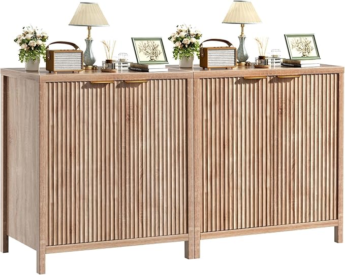 Sideboard Buffet Cabinet Set of 2, 31" Storage Cabinet with 2 Doors and Adjustable Shelves, Sideboard Console for Dinning Room, Kitchen and Living Room - Oak