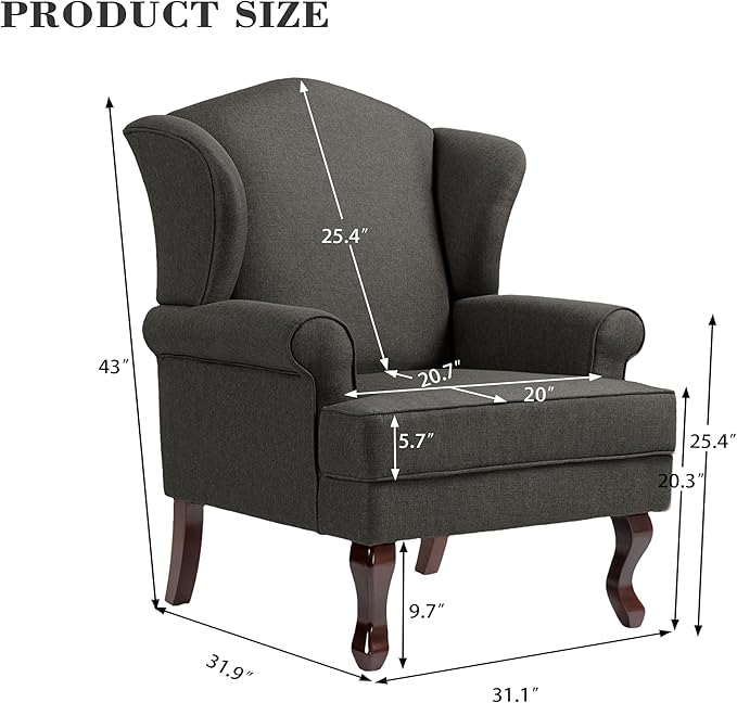 Pia Ricco High Back Floral Accent Chair, Upholstered Fabric Armchair with Solid Wood Legs - Retro Living Room Reading Chair, Comfortable Single Sofa Seat-Charcoal Grey