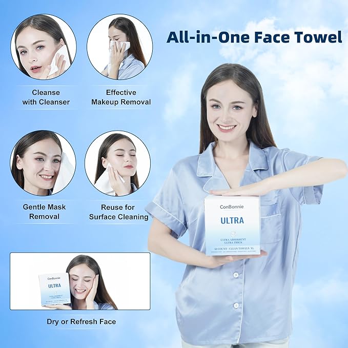 Clean Face Towels XL, Ultra Ed., 10"×12" Biobased Facial Towels, Disposable Face Towelette, Makeup Remover Dry Wipes, Thicker Textured for Skin Care, Clean Skin, 50 Count (1 Pack)