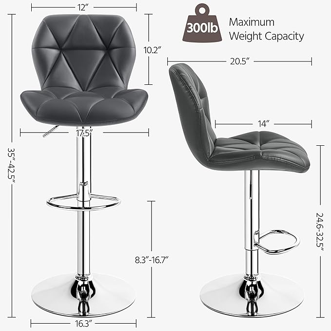Yaheetech Gray Barstools Set of 2, PU Leather Bar Chairs with Backrest, Height Adjustable Swivel Island Stools for Kitchen Counter, Gray