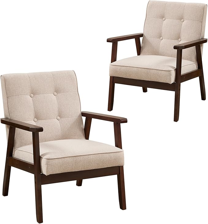 ANJ Mid Century Modern Accent Chairs Set of 2, Tufted Fabric Armchair with Solid Wood Frame, Comfy Retro Side Chair Reading Chair for Living Room, Bedroom，Beige