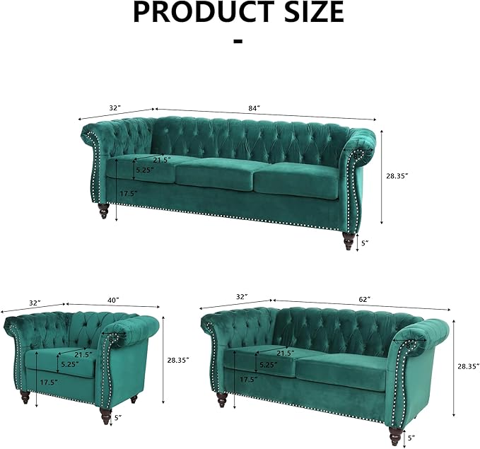 Velvet Loveseat Sofa, Mid Century Modern Upholstered Couch, 62" Oversized Comfy 2 Seater Love Seat Couch with Cushions, Tufted Chesterfield Sofa for Living Room, Bedroom, Apartment (Green)