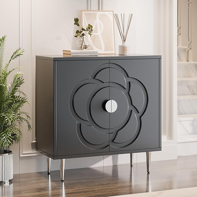 TOLEAD Storage Cabinet, Modern Sideboard Buffet Cabinet with Decorative Flower Pattern Doors, Accent Sideboard Cabinet for Living Room, Kitchen, Grey