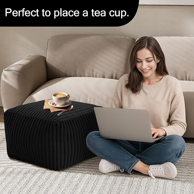 MeMoreCool Square Stuffed Pouf Ottoman Foot Rest, Stripe Furry Floor Pouf Foot Stool with Foam Chunk Filling, Soft Fluffy Stuffed Ottoman Footrest for Living Room, Faux Fur Black