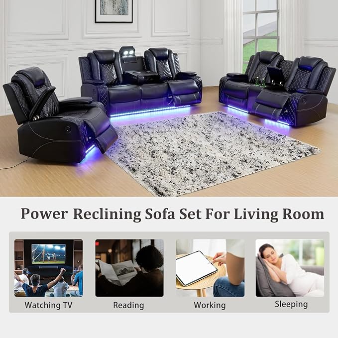 Power Recliner with LED, Black Leather Reclining Chair for Living Room, Muti-Functional Recliner with Storage Armrest/USB Ports for Living Room/Bedroom/Office