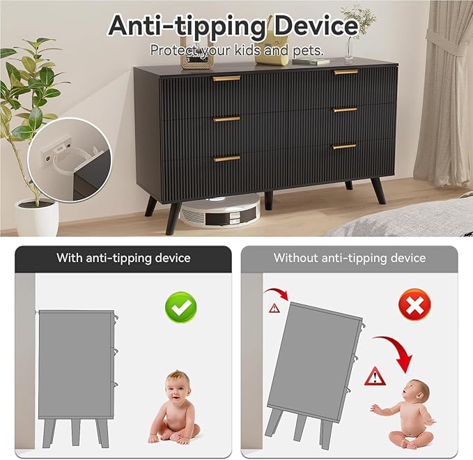 Black Fluted 6 Drawer Dresser for Bedroom, Chest of Drawers with Solid Wood Legs, Modern Dresser Chest Cabinet Organizer with Golden Handles, Beside Table for Closet, Hallway, Bedroom