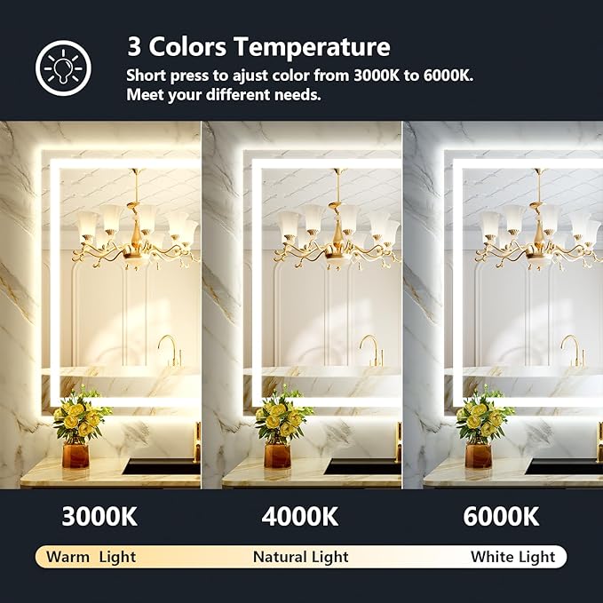 44x36 Inch LED Bathroom Mirror with Lights Front and Backlit Lighted Vanity Mirror for Bathroom Wall with 3 Colors Dimmable Anti-Fog Memory Shatter-Proof IP54 Waterproof Horizontal/Vertical