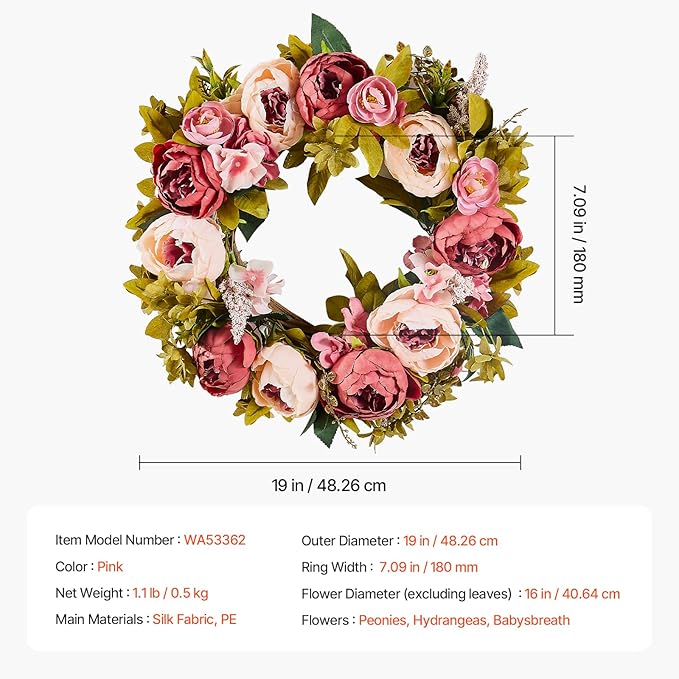 VEVOR Spring Wreath for Front Door 19 Inch - Artificial Peony Floral Wreath with Greenery, Year-Round All Season Outdoor Indoor Decor