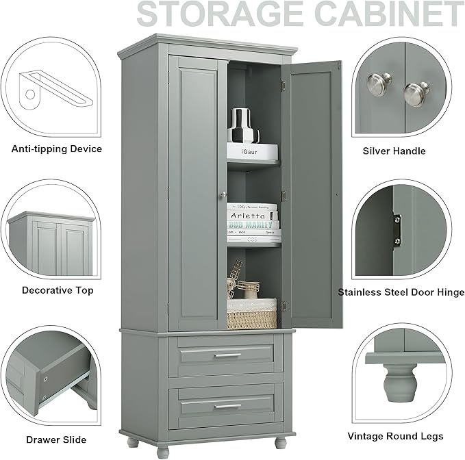 Polibi Tall Storage Cabinet with 2 Drawers, 3-Tier Adjustable Shelves & 2 Doors, Floor Freestanding Cabinet for Bathroom, Living Room, Grey