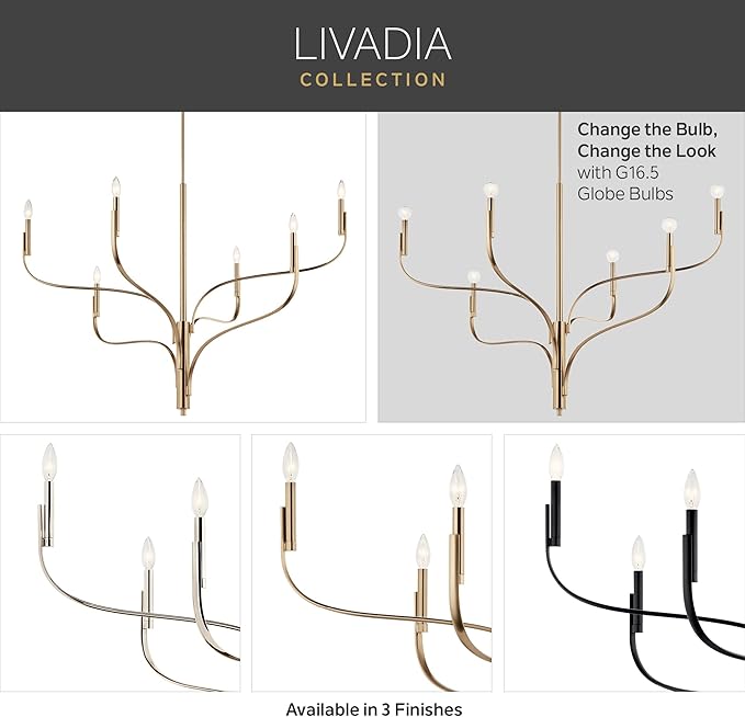 KICHLER Livadia 6-Light Chandelier, Soft Modern-Light in Polished Nickel, for Foyer, Great Room, or Vaulted Dining or Bedroom (33" x 36.25"), 52673PN