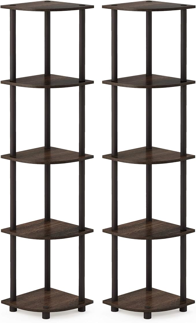 Furinno TURN-N-TUBE Corner Shelf Set of 2, 5-Tier Corner Bookshelf, Open Storage Shelves, for Organization and Storage, Living Room, Home Office, Garage, Walnut