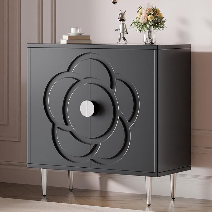 TOLEAD Storage Cabinet, Modern Sideboard Buffet Cabinet with Decorative Flower Pattern Doors, Accent Sideboard Cabinet for Living Room, Kitchen, Grey