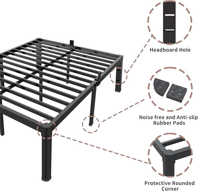 ROIL 12 inch King Size Bed Frame Metal Platform No Box Spring Needed with Headboard Hole Round Corner Legs Mattress Stoppers Retainers 3500LBS Heavy Duty Steel Slats Noise-Free