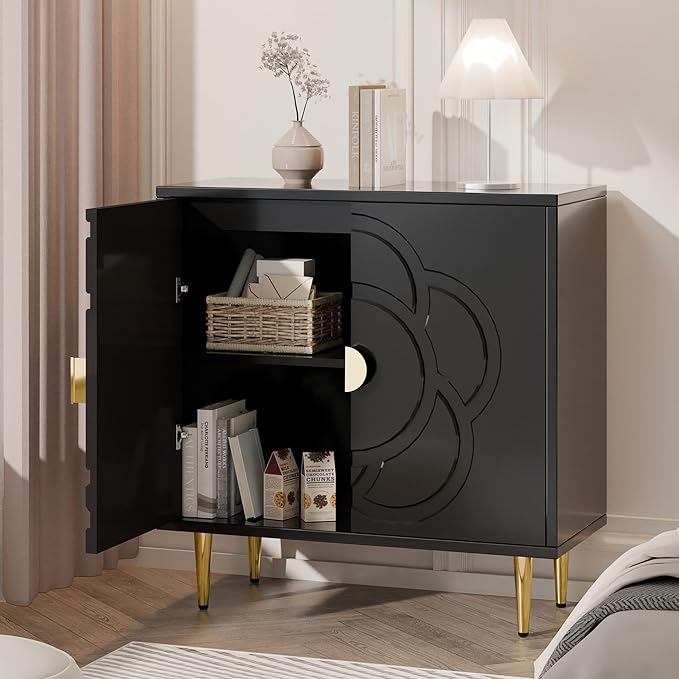 TOLEAD Modern Cabinet with Decorative Flower Pattern Doors - Accent Sideboard Buffet for Hallway, Living Room, Kitchen - Black