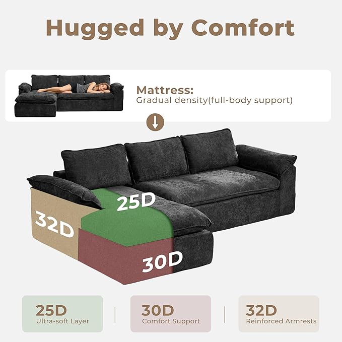 Modular Sectional Sofa, 107.5" L-Shaped Boneless Couch with Deep Seat, Modern Minimalist Upholstered Cloud Sectional Couch for Living Room Bedroom, No Assembly Required, Black Chenille